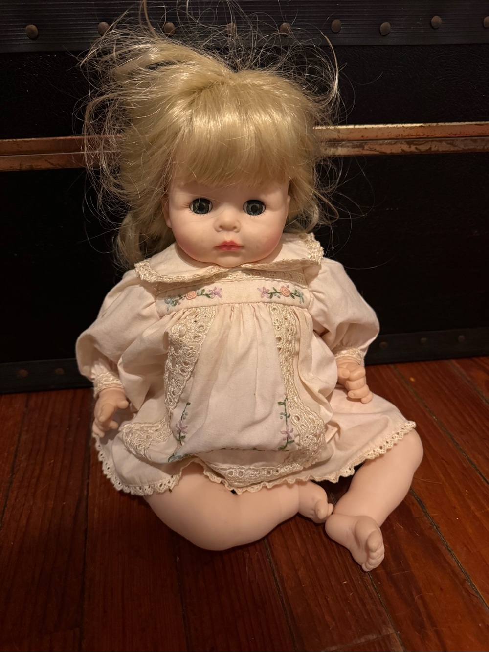 Vintage Madame Alexander Blonde Baby Doll in Pale Pink Embroidered Dress